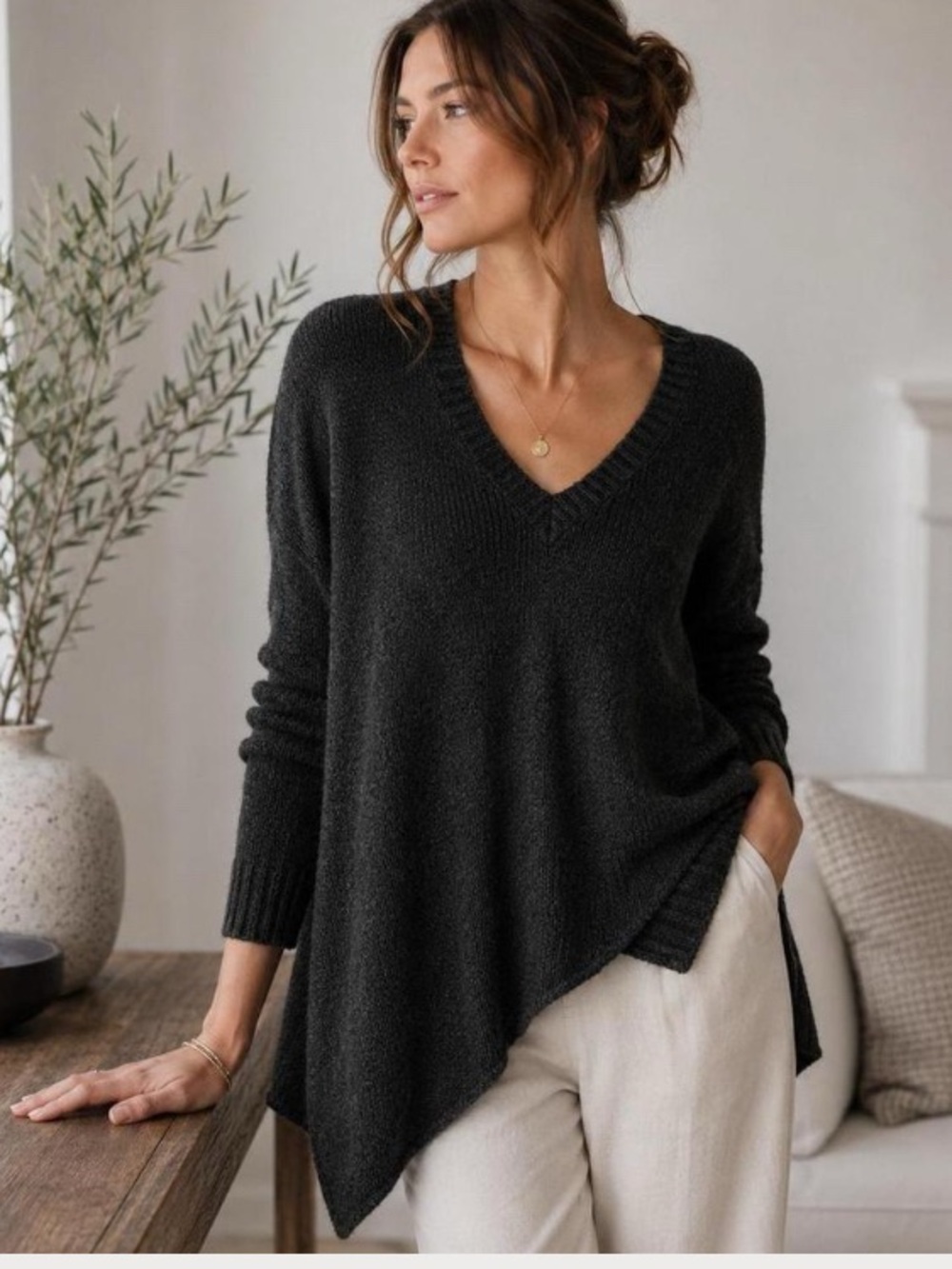 360 Cashmere Asymmetrical V Neck Charcoal Knit Pullover Size Small